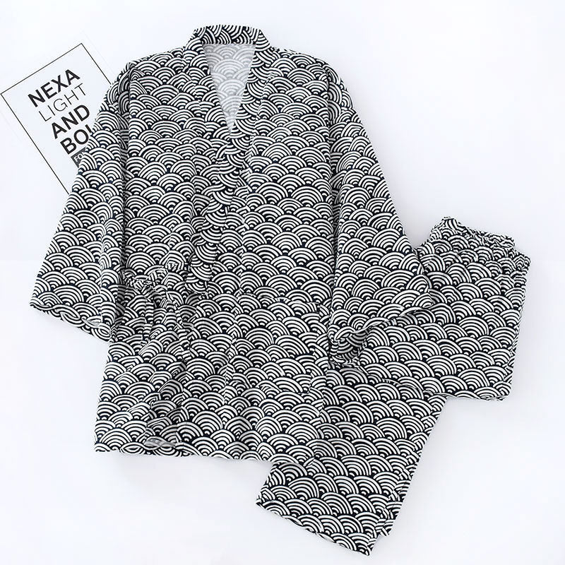 Cotton Double-Layer Pajamas Striped Japanese Lace-up Suit - Cottonese.com
