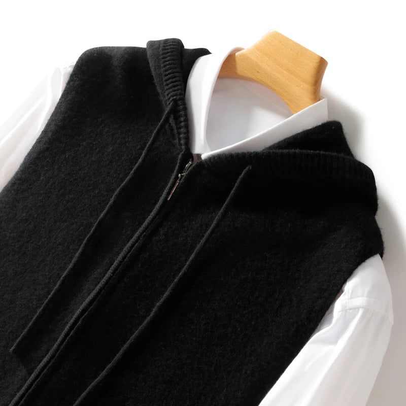 Sleeveless Hooded Cardigan-100% Merino Wool Knitwear with Zipper - Cottonese.com
