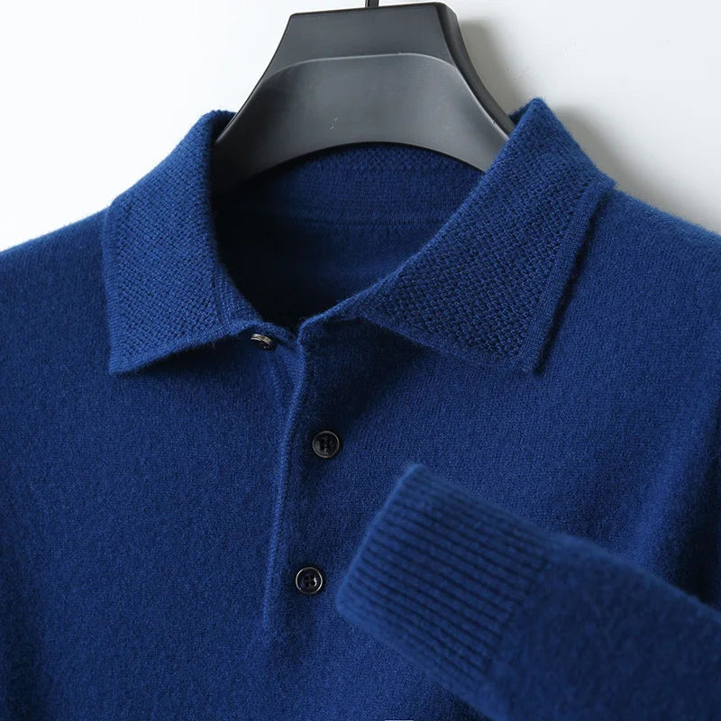 Men Basic Polo T-Shirt Wool Sweater Autumn Winter Long Sleeve Bottom Pullover 100% Merino Wool Knit Simple Casual Jumper Top - Cottonese.com