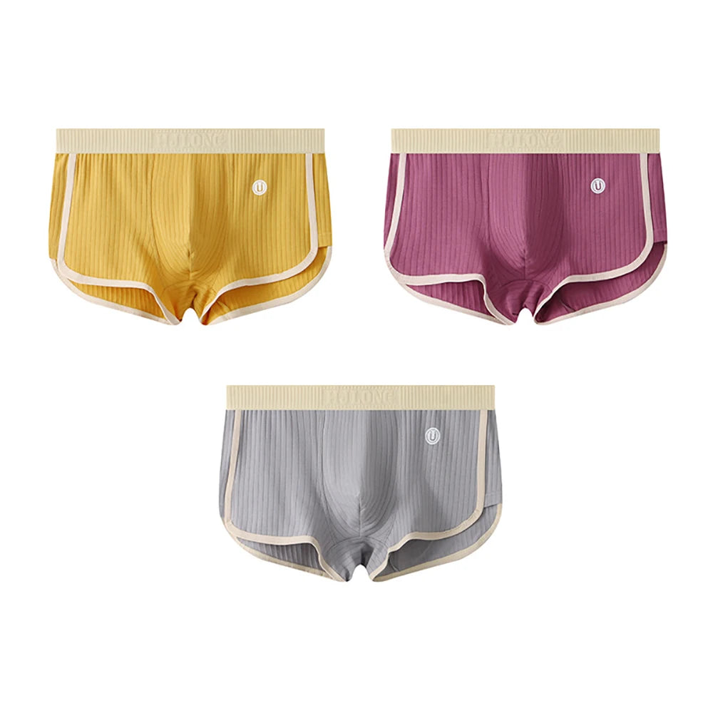 3PCS/Pack 100% Cotton Solid Striped Men's Boxer Sexy Breathable Mesh U Crotch Underwear High Elastic Widen Waistband Underpants - Cottonese.com