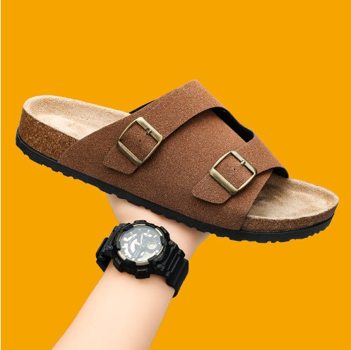 Double-breasted Cork Suede Sandals - Cottonese.com