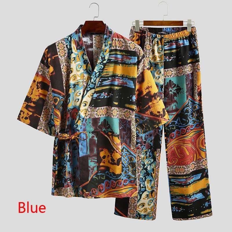 Men's Pajamas Set – Half Sleeve V-Neck Printed Lace-Up - Cottonese.com