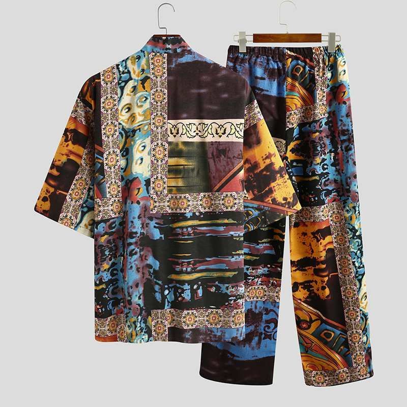 Men's Pajamas Set – Half Sleeve V-Neck Printed Lace-Up - Cottonese.com