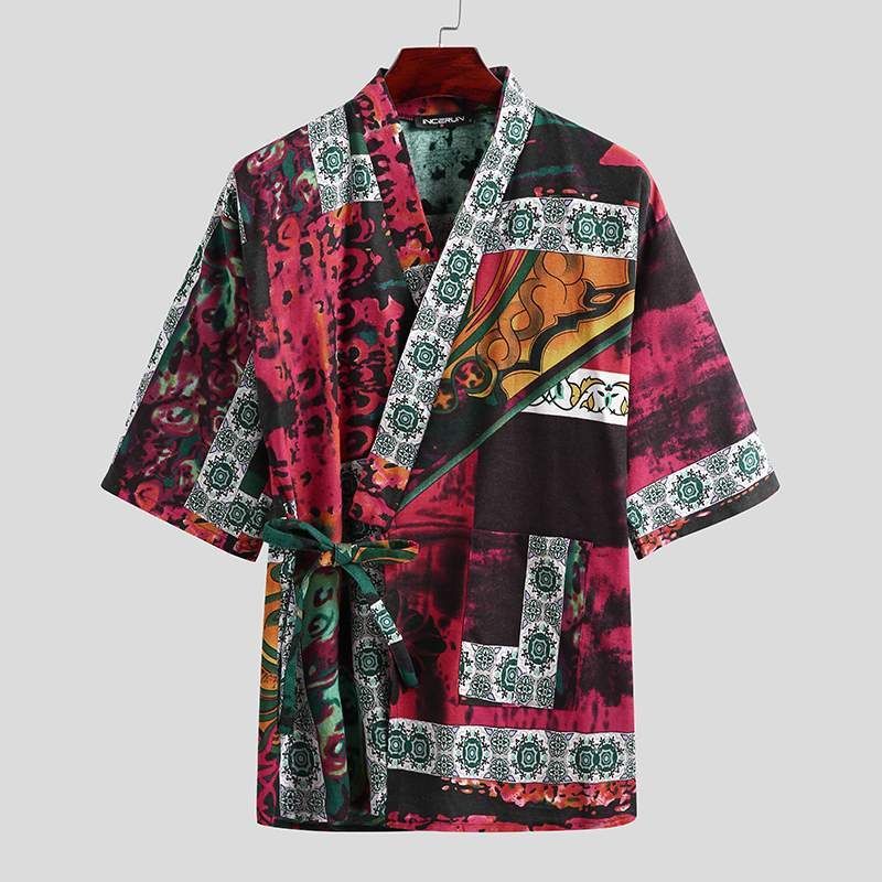 Men's Pajamas Set – Half Sleeve V-Neck Printed Lace-Up - Cottonese.com