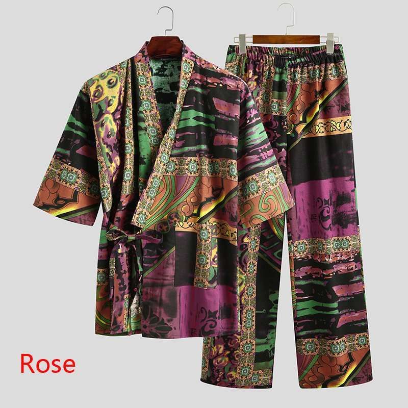 Men's Pajamas Set – Half Sleeve V-Neck Printed Lace-Up - Cottonese.com