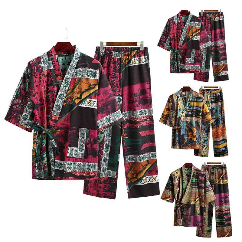 Men's Pajamas Set – Half Sleeve V-Neck Printed Lace-Up - Cottonese.com