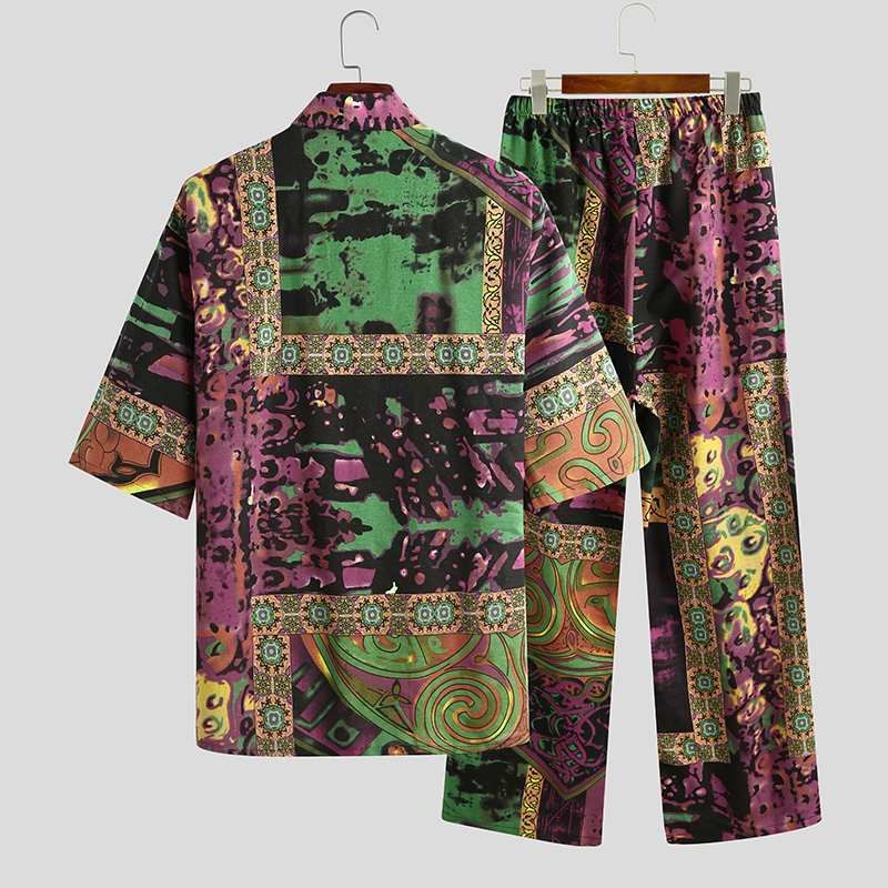 Men's Pajamas Set – Half Sleeve V-Neck Printed Lace-Up - Cottonese.com