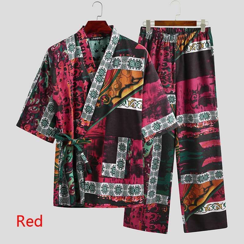 Men's Pajamas Set – Half Sleeve V-Neck Printed Lace-Up - Cottonese.com