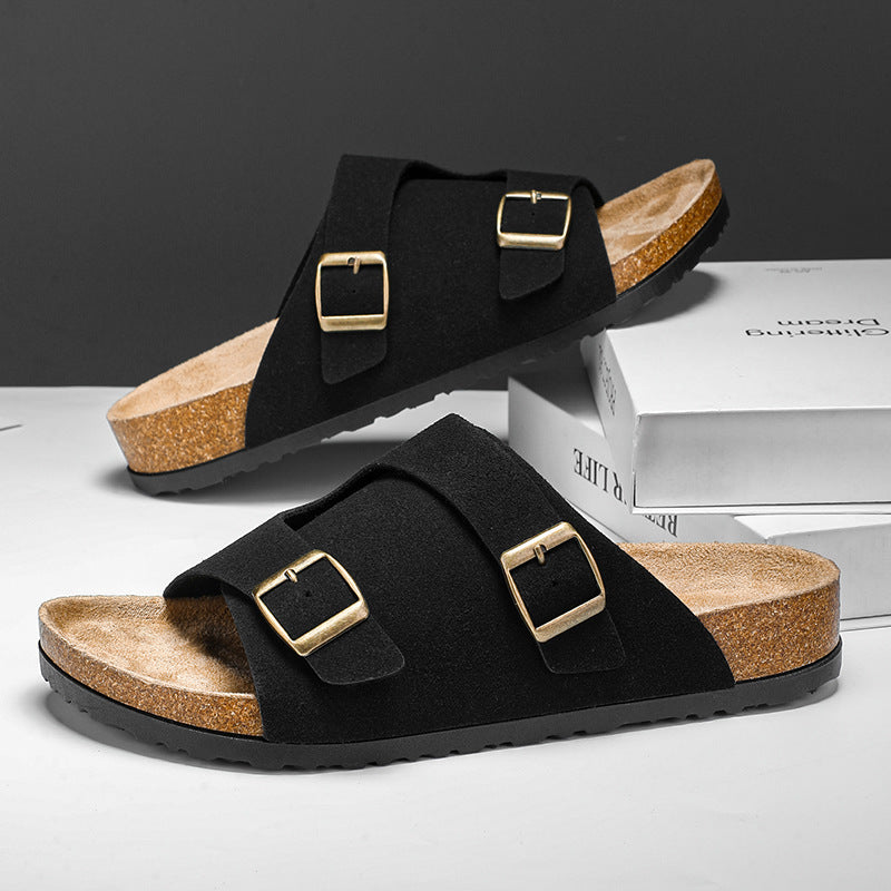 Double-breasted Cork Suede Sandals - Cottonese.com