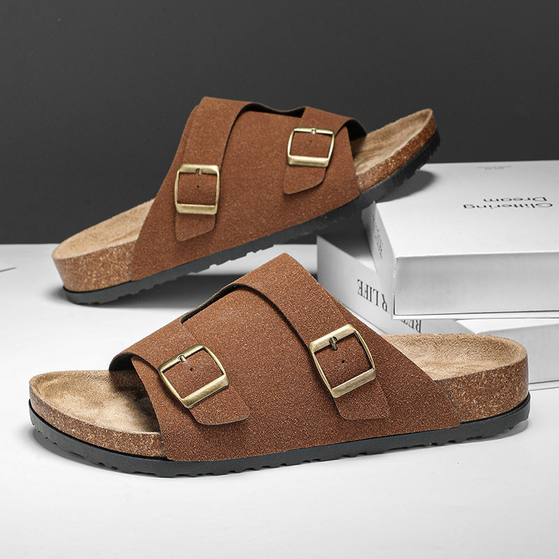 Double-breasted Cork Suede Sandals - Cottonese.com