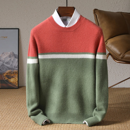 Striped Pure Wool Round Neck Sweater - Cottonese.com
