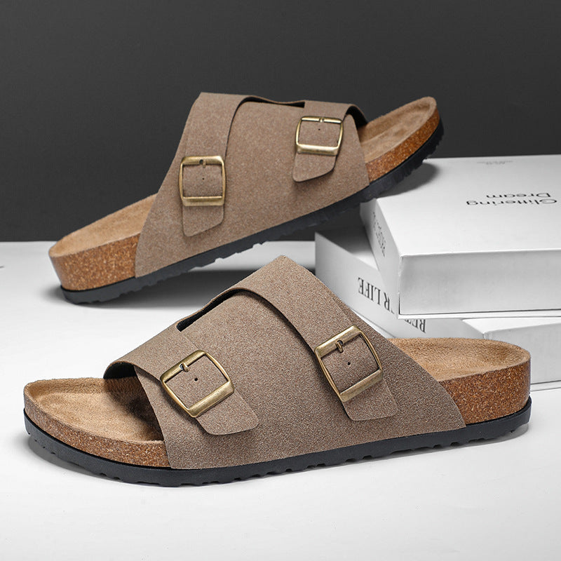 Double-breasted Cork Suede Sandals - Cottonese.com