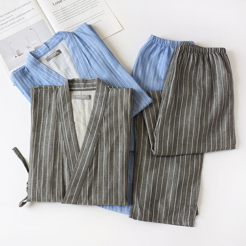 Cotton Double-Layer Pajamas Striped Japanese Lace-up Suit - Cottonese.com