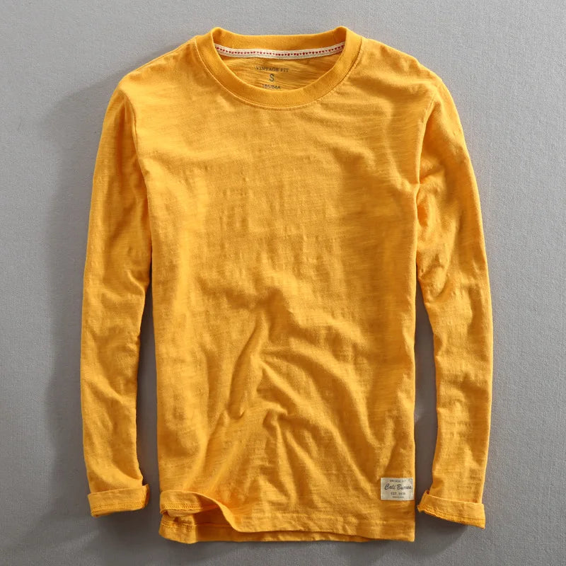 Men's Vintage Solid Bamboo Cotton Long Sleeve T-Shirt Male Tops O-Neck Casual Thin Tees Slub T Shirts - Cottonese.com