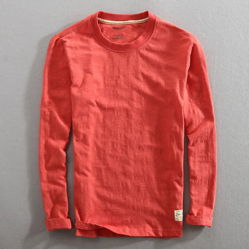 Men's Vintage Solid Bamboo Cotton Long Sleeve T-Shirt Male Tops O-Neck Casual Thin Tees Slub T Shirts - Cottonese.com