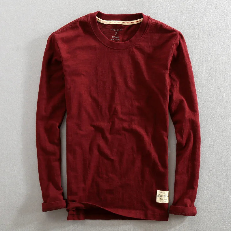 Men's Vintage Solid Bamboo Cotton Long Sleeve T-Shirt Male Tops O-Neck Casual Thin Tees Slub T Shirts - Cottonese.com