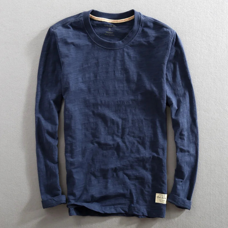 Men's Vintage Solid Bamboo Cotton Long Sleeve T-Shirt Male Tops O-Neck Casual Thin Tees Slub T Shirts - Cottonese.com