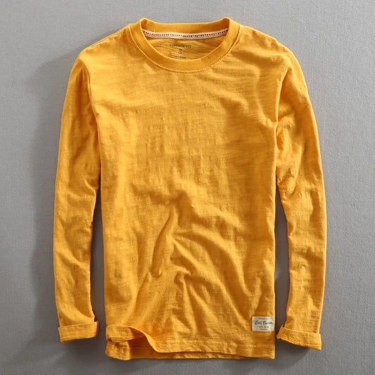 Men's Vintage Solid Bamboo Cotton Long Sleeve T-Shirt Male Tops O-Neck Casual Thin Tees Slub T Shirts - Cottonese.com