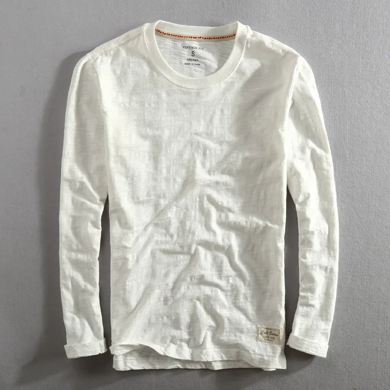Men's Vintage Solid Bamboo Cotton Long Sleeve T-Shirt Male Tops O-Neck Casual Thin Tees Slub T Shirts - Cottonese.com