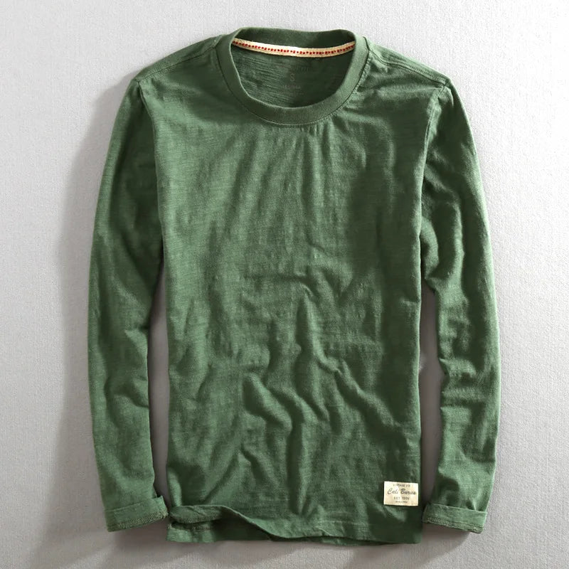 Men's Vintage Solid Bamboo Cotton Long Sleeve T-Shirt Male Tops O-Neck Casual Thin Tees Slub T Shirts - Cottonese.com