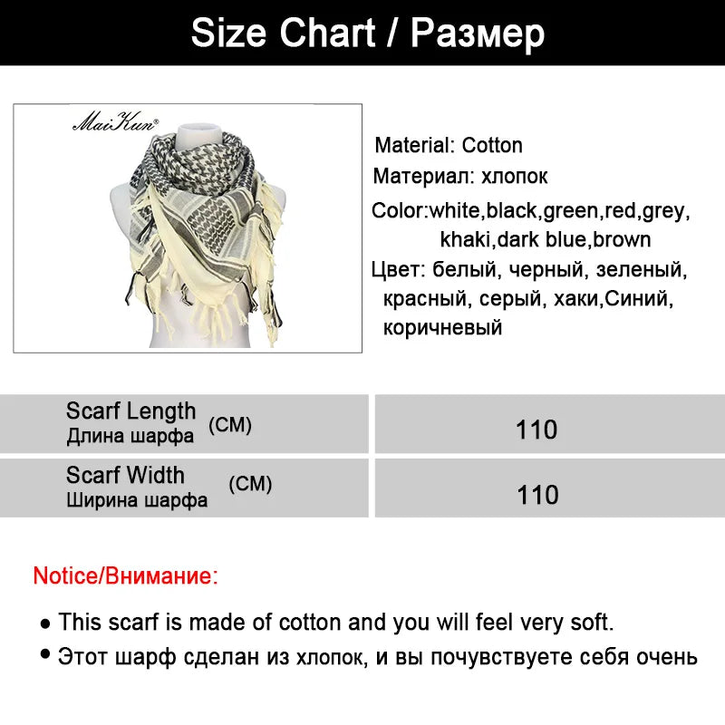 Maikun Cotton Arab Scarves Men Winter Military Keffiyeh Windproof Scarf Muslim Hijab Shemagh Tactical Desert Square Wargame - Cottonese.com
