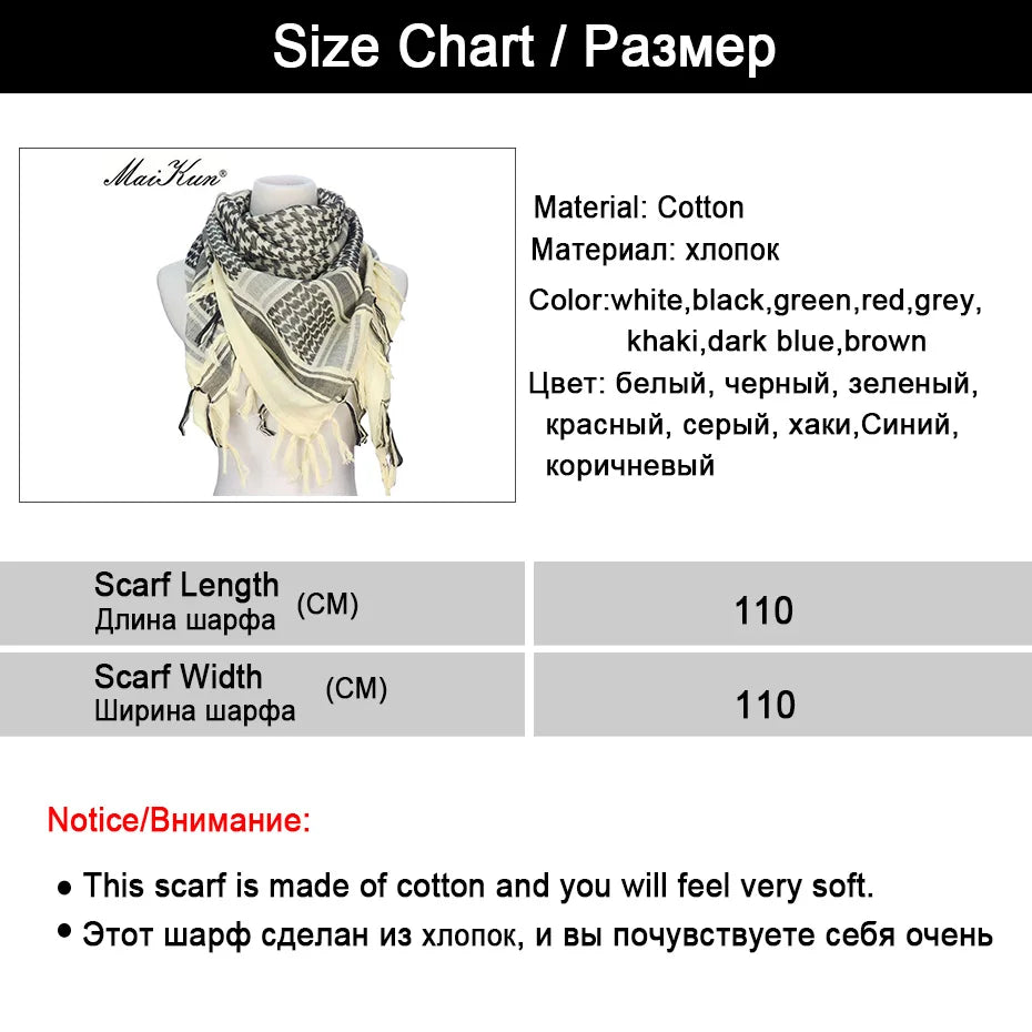 Maikun Cotton Arab Scarves Men Winter Military Keffiyeh Windproof Scarf Muslim Hijab Shemagh Tactical Desert Square Wargame - Cottonese.com