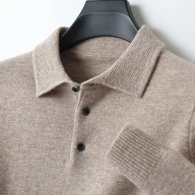 Men Basic Polo T-Shirt  Wool Sweater Autumn Winter Long Sleeve Bottom Pullover 100% Merino Wool Knit Simple Casual Jumper Top - Cottonese.com
