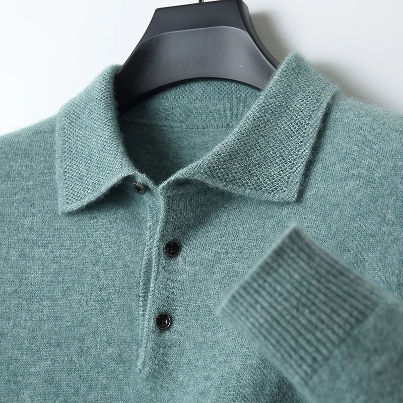 Men Basic Polo T-Shirt  Wool Sweater Autumn Winter Long Sleeve Bottom Pullover 100% Merino Wool Knit Simple Casual Jumper Top - Cottonese.com