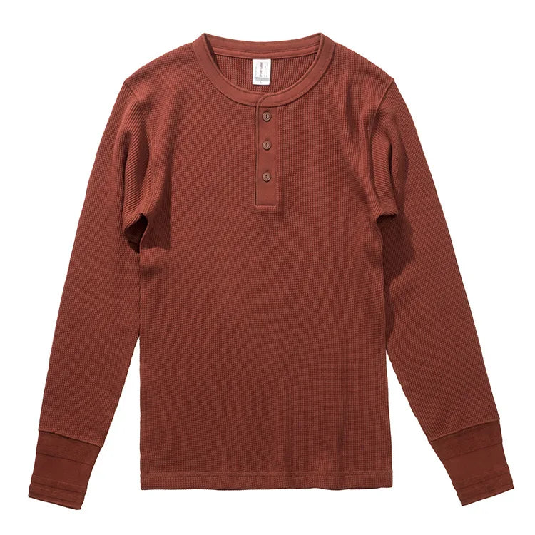 315g Heavy American Retro Khaki Sweater Shirt Waffle Cotton Henry Collar Long Sleeve T-shirt Men Cotton Slim Base Pullover Shirt - Cottonese.com