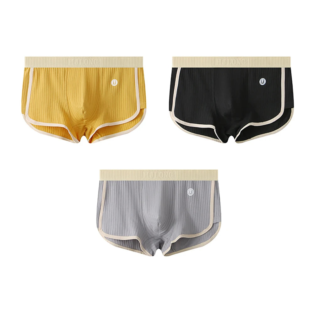 3PCS/Pack 100% Cotton Solid Striped Men's Boxer Sexy Breathable Mesh U Crotch Underwear High Elastic Widen Waistband Underpants - Cottonese.com