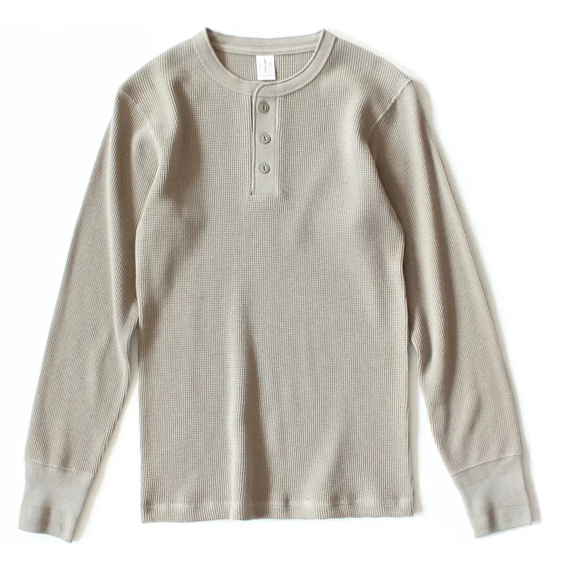 315g Heavy American Retro Khaki Sweater Shirt Waffle Cotton Henry Collar Long Sleeve T-shirt Men Cotton Slim Base Pullover Shirt - Cottonese.com