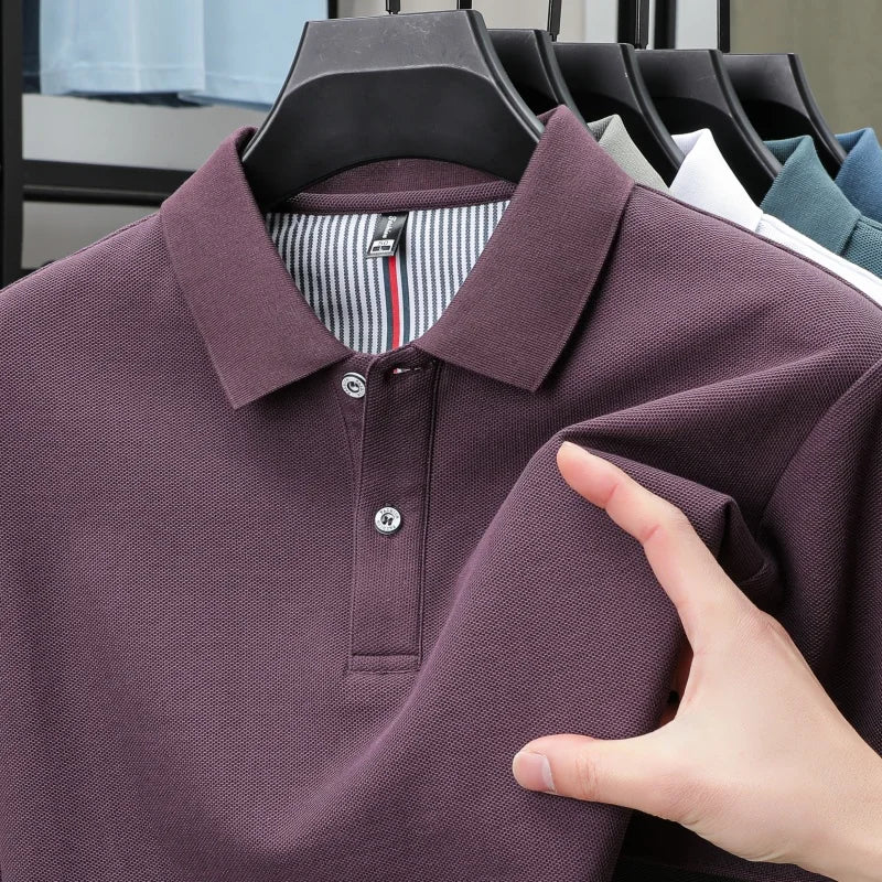 100% pure cotton short sleeved men's polo shirt summer boutique fashion high-quality top solid color collar back striped T-shirt - Cottonese.com