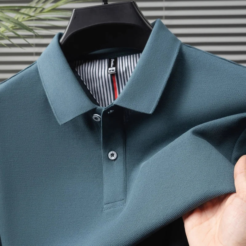 100% pure cotton short sleeved men's polo shirt summer boutique fashion high-quality top solid color collar back striped T-shirt - Cottonese.com