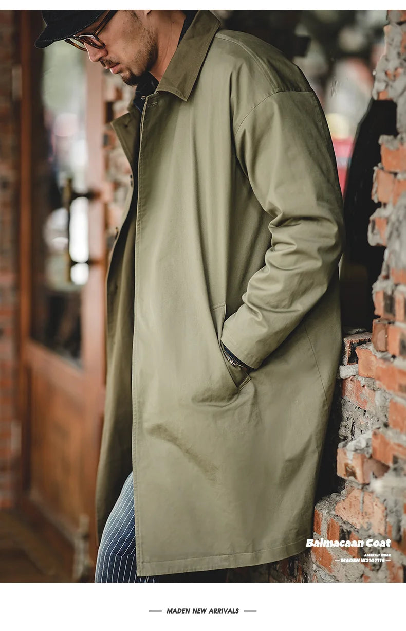 The Maden Balmacaan Coat: Amekaji-Inspired Relaxed Fit Heavyweight Twill Windbreaker Overcoat