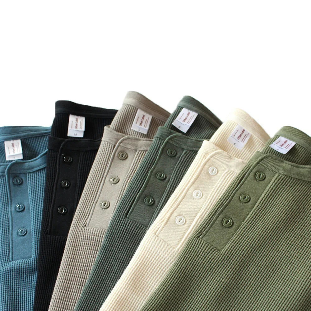 315g Heavy American Retro Khaki Sweater Shirt Waffle Cotton Henry Collar Long Sleeve T-shirt Men Cotton Slim Base Pullover Shirt - Cottonese.com