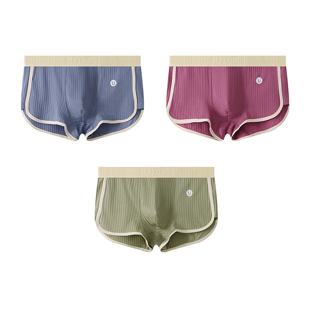 3PCS/Pack 100% Cotton Solid Striped Men's Boxer Sexy Breathable Mesh U Crotch Underwear High Elastic Widen Waistband Underpants - Cottonese.com