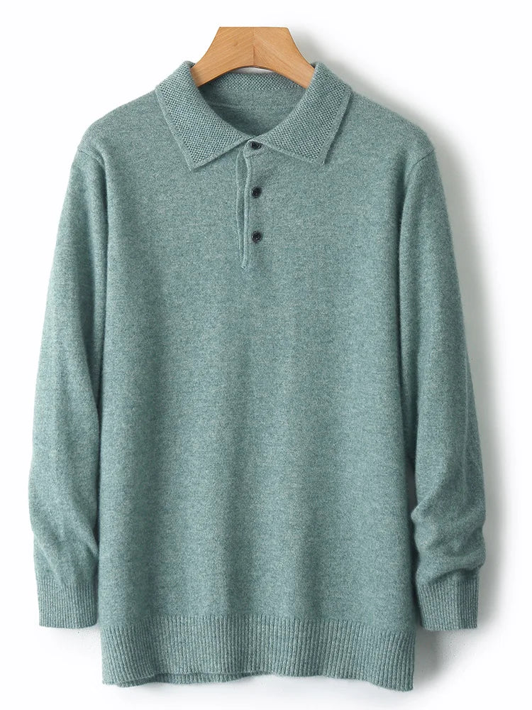 Men Basic Polo T-Shirt  Wool Sweater Autumn Winter Long Sleeve Bottom Pullover 100% Merino Wool Knit Simple Casual Jumper Top - Cottonese.com
