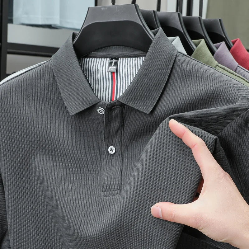 100% pure cotton short sleeved men's polo shirt summer boutique fashion high-quality top solid color collar back striped T-shirt - Cottonese.com