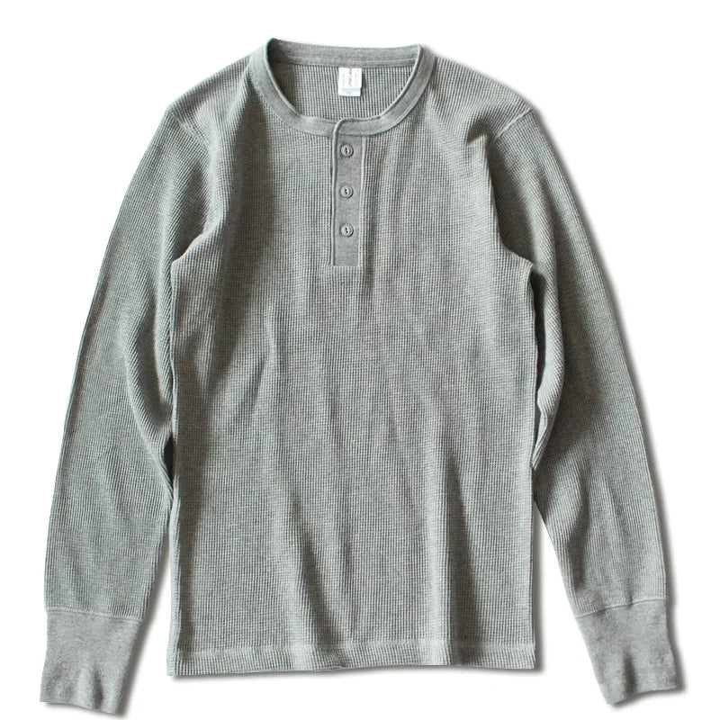 315g Heavy American Retro Khaki Sweater Shirt Waffle Cotton Henry Collar Long Sleeve T-shirt Men Cotton Slim Base Pullover Shirt - Cottonese.com
