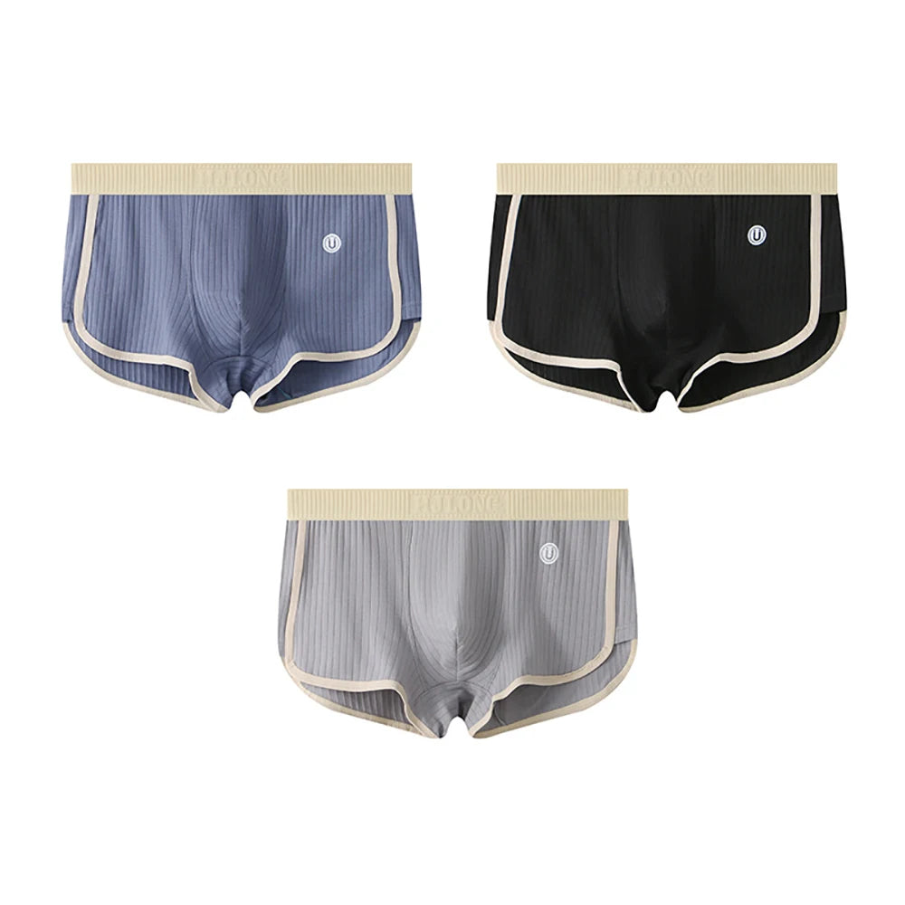 3PCS/Pack 100% Cotton Solid Striped Men's Boxer Sexy Breathable Mesh U Crotch Underwear High Elastic Widen Waistband Underpants - Cottonese.com