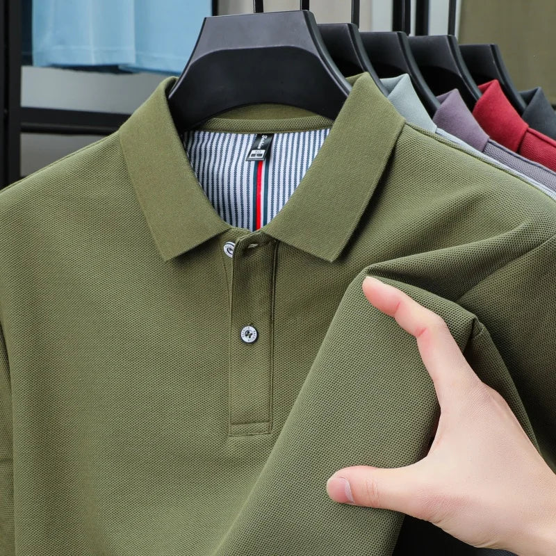 100% pure cotton short sleeved men's polo shirt summer boutique fashion high-quality top solid color collar back striped T-shirt - Cottonese.com