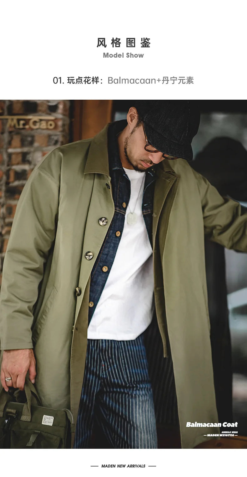 The Maden Balmacaan Coat: Amekaji-Inspired Relaxed Fit Heavyweight Twill Windbreaker Overcoat