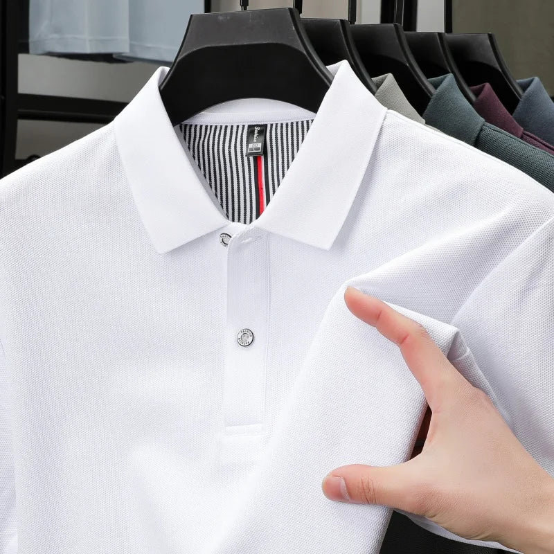 100% pure cotton short sleeved men's polo shirt summer boutique fashion high-quality top solid color collar back striped T-shirt - Cottonese.com