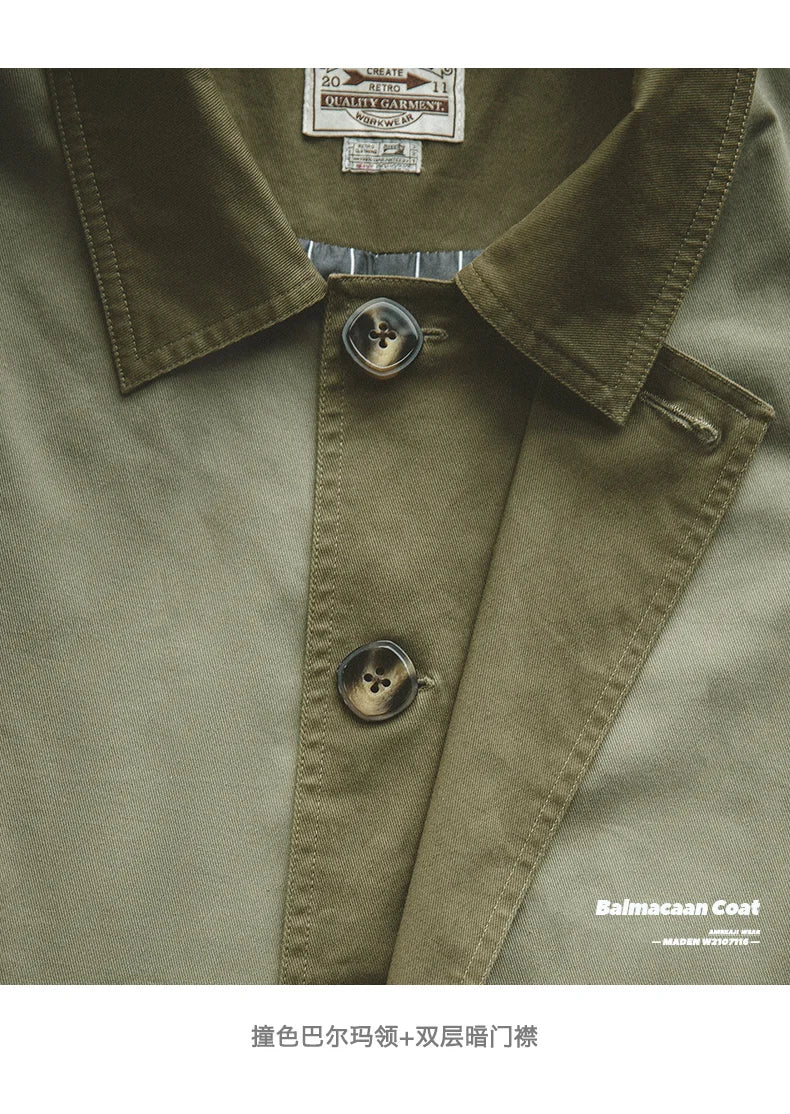 The Maden Balmacaan Coat: Amekaji-Inspired Relaxed Fit Heavyweight Twill Windbreaker Overcoat