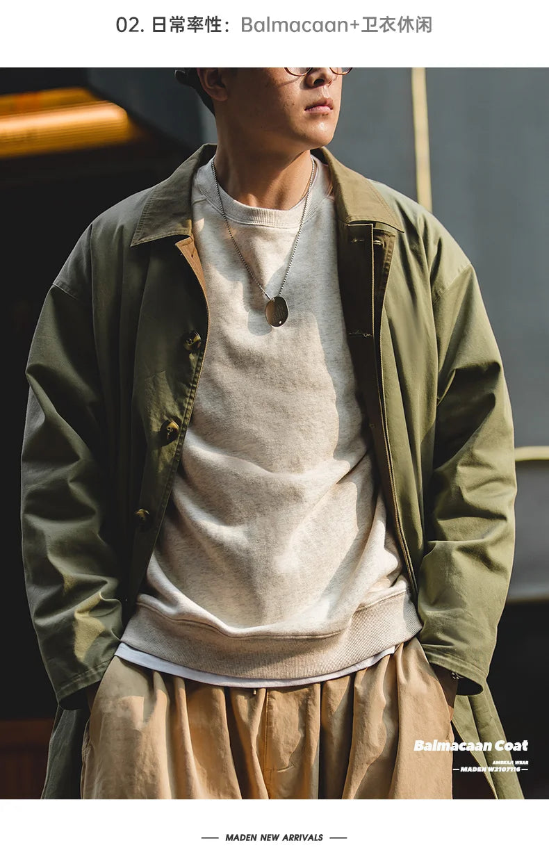 The Maden Balmacaan Coat: Amekaji-Inspired Relaxed Fit Heavyweight Twill Windbreaker Overcoat