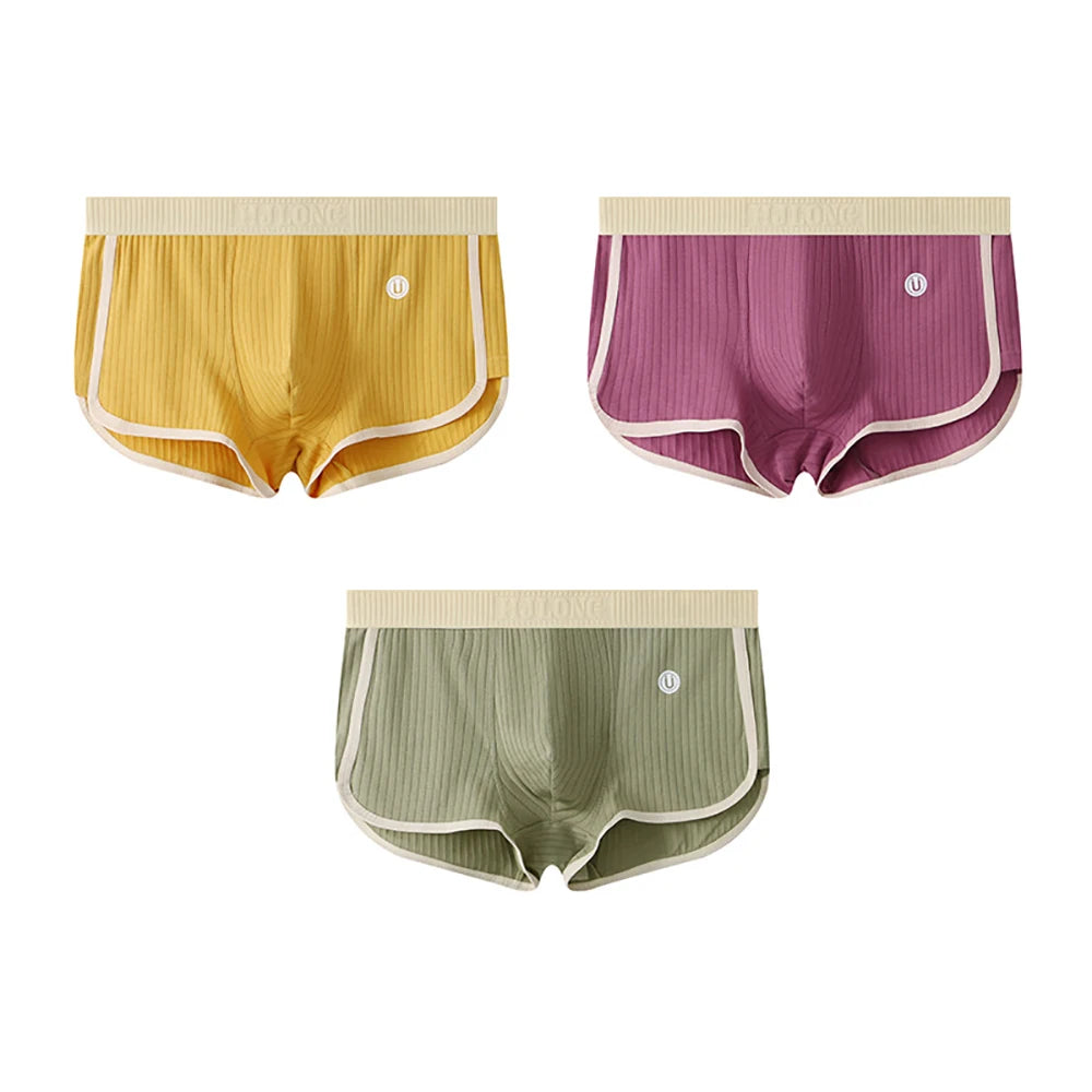 3PCS/Pack 100% Cotton Solid Striped Men's Boxer Sexy Breathable Mesh U Crotch Underwear High Elastic Widen Waistband Underpants - Cottonese.com