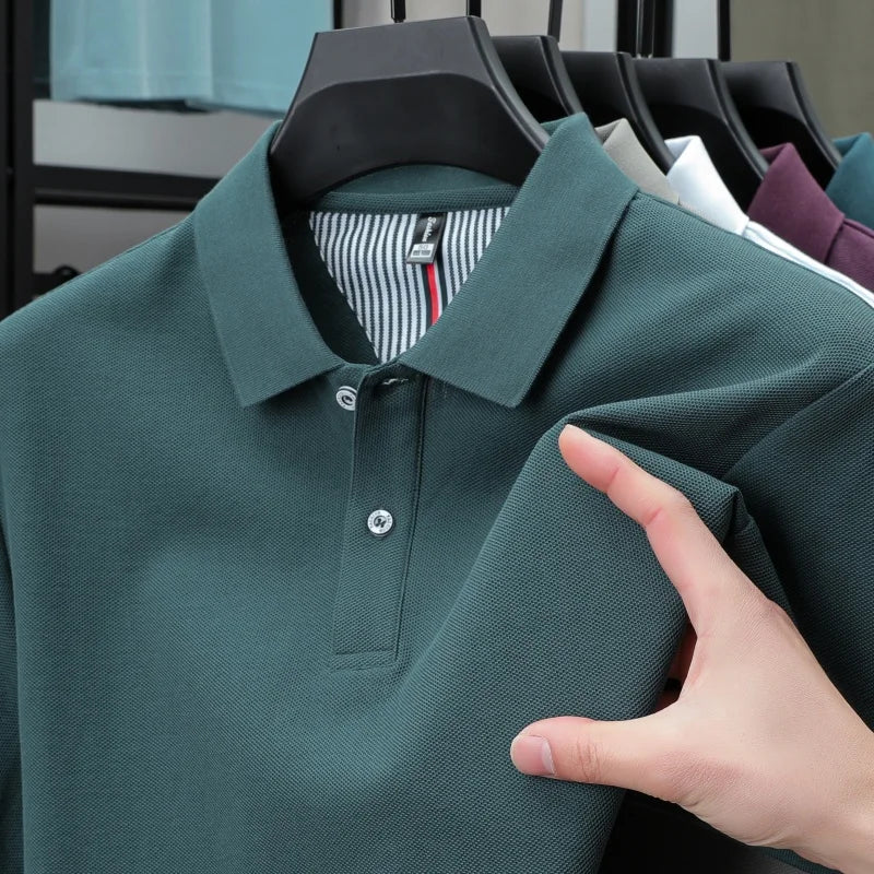 100% pure cotton short sleeved men's polo shirt summer boutique fashion high-quality top solid color collar back striped T-shirt - Cottonese.com