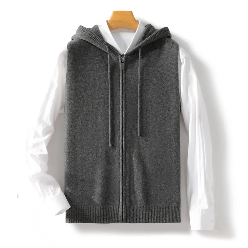 Sleeveless Hooded Cardigan-100% Merino Wool Knitwear with Zipper - Cottonese.com