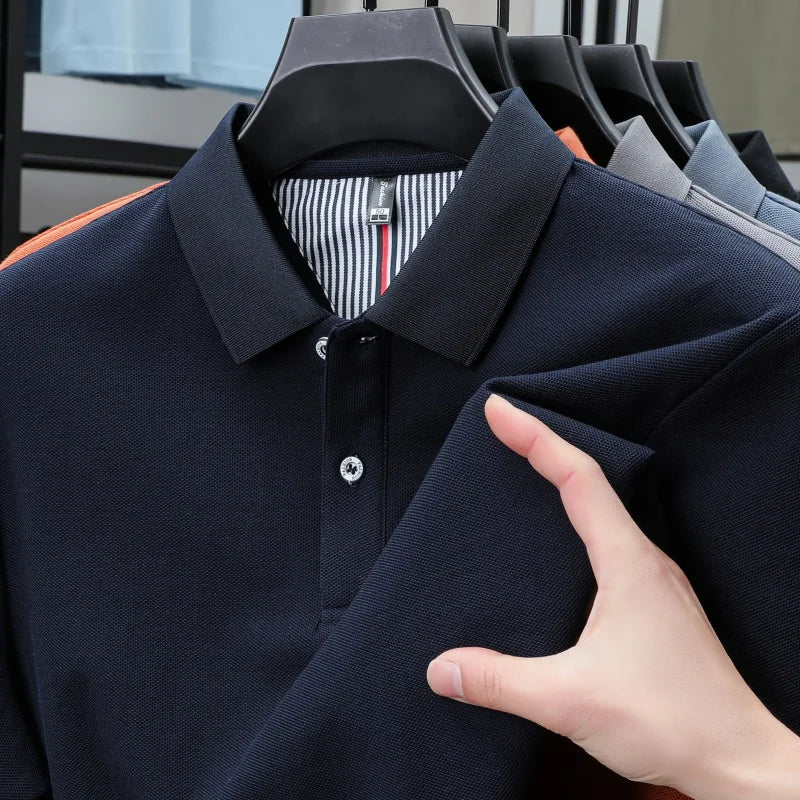 100% pure cotton short sleeved men's polo shirt summer boutique fashion high-quality top solid color collar back striped T-shirt - Cottonese.com