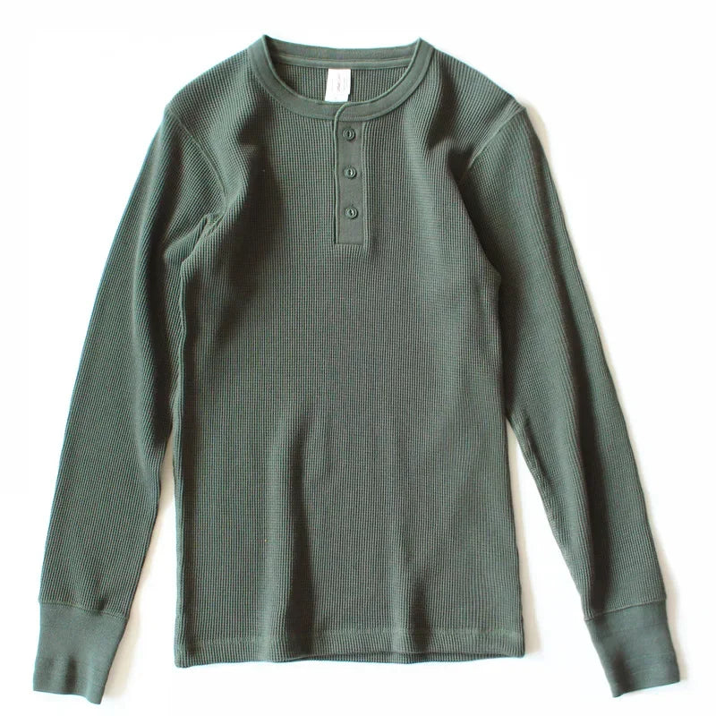 315g Heavy American Retro Khaki Sweater Shirt Waffle Cotton Henry Collar Long Sleeve T-shirt Men Cotton Slim Base Pullover Shirt - Cottonese.com